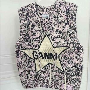 Ganni Star Patterned Knit Vest in Black, Cream, and Pink